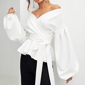 White Preppy Women Lantern Sleeve Surplice Belted Peplum Off The Shoulder Blouse
